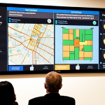 **

A diverse group of people are gathered around a large screen displaying a city council meeting agenda. The screen also shows interactive charts visualizing community feedback on proposed zoning changes. Some people are looking at their smartphones, contributing to the discussion through a dedicated mobile app. The overall atmosphere is collaborative and engaged, highlighting transparency and accessibility. The setting is a bright, modern community center.

**