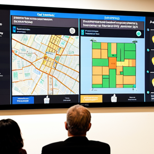 Home 18 **
A diverse group of people are gathered around a large screen displaying a city council meeting agenda. The screen also shows interactive charts visualizing community feedback on proposed zoning changes. Some people are looking at their smartphones, contributing to the discussion through a dedicated mobile app. The overall atmosphere is collaborative and engaged, highlighting transparency and accessibility. The setting is a bright, modern community center.
**