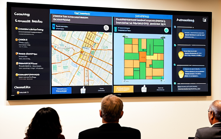 **
A diverse group of people are gathered around a large screen displaying a city council meeting agenda. The screen also shows interactive charts visualizing community feedback on proposed zoning changes. Some people are looking at their smartphones, contributing to the discussion through a dedicated mobile app. The overall atmosphere is collaborative and engaged, highlighting transparency and accessibility. The setting is a bright, modern community center.
**