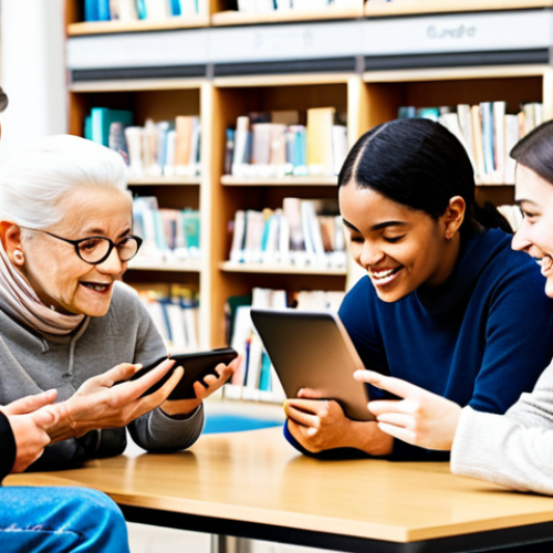 Home 17 **
Prompt: Diverse group of people, young and old, using a citizen engagement platform on various devices (smartphones, tablets, laptops) in a brightly lit public space like a library or community center. Focus on inclusivity and accessibility. The platform interface should be clean and intuitive, showcasing multilingual options.
**