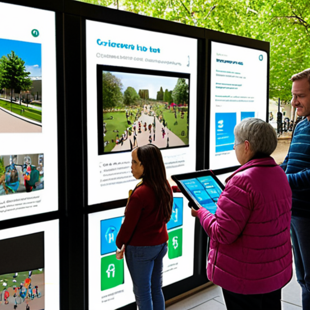 **Image Prompt 1: Bridging Trust Through Connected Communities**
    A diverse group of people, including young adults, seniors, and families, actively engaging with a sleek, user-friendly digital civic platform. They are gathered in a modern, well-lit community space or a vibrant urban park, interacting with large interactive screens and personal tablets. The screens display intuitive data visualizations, clear policy summaries, and success stories of local projects, reflecting transparency, clear feedback loops, and a strong sense of shared ownership. The overall atmosphere is warm, collaborative, and full of civic pride, emphasizing genuine human connection and continuous engagement. The design aesthetic is inviting and accessible, with soft lighting and a tangible sense of belonging. --ar 16:9 --v