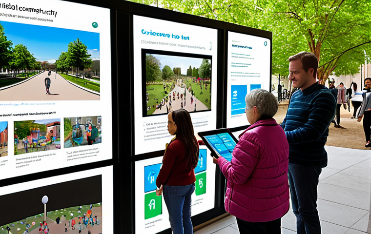 **Image Prompt 1: Bridging Trust Through Connected Communities**
A diverse group of people, including young adults, seniors, and families, actively engaging with a sleek, user-friendly digital civic platform. They are gathered in a modern, well-lit community space or a vibrant urban park, interacting with large interactive screens and personal tablets. The screens display intuitive data visualizations, clear policy summaries, and success stories of local projects, reflecting transparency, clear feedback loops, and a strong sense of shared ownership. The overall atmosphere is warm, collaborative, and full of civic pride, emphasizing genuine human connection and continuous engagement. The design aesthetic is inviting and accessible, with soft lighting and a tangible sense of belonging. --ar 16:9 --v