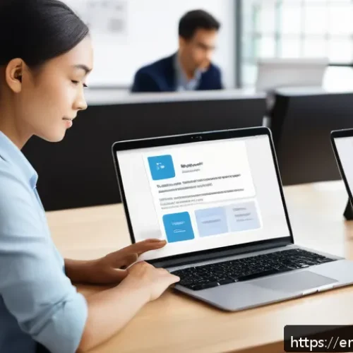 Home 31 시민참여 플랫폼의 사용자 만족도 조사 방법 - A professional office setting with diverse users engaging in a digital survey on various devices—lap...