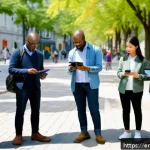 Home 18 공공기관과 시민참여 플랫폼의 협력 모델 - A diverse group of community members using a colorful, user-friendly mobile app on smartphones and t...