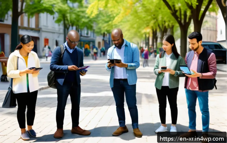 공공기관과 시민참여 플랫폼의 협력 모델 - A diverse group of community members using a colorful, user-friendly mobile app on smartphones and t...