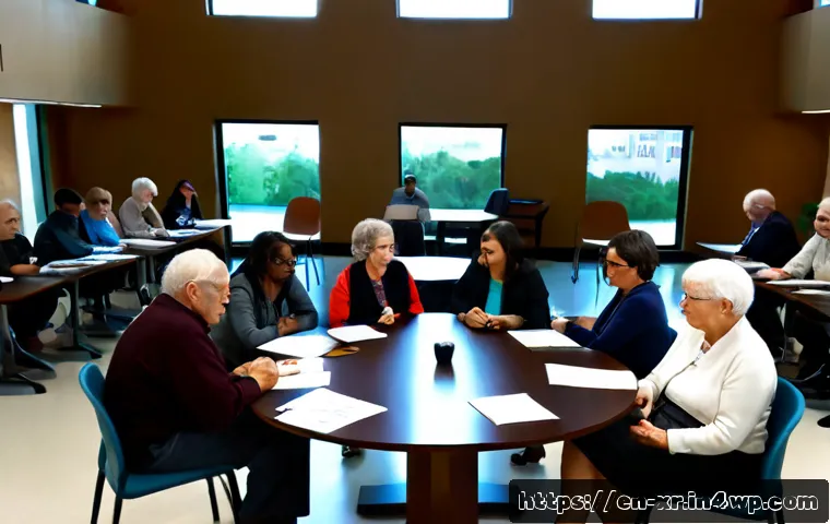 디지털 시민참여 시대의 도전과 기회 - Photorealistic community town hall in a modern American public library, diverse adults and seniors s...